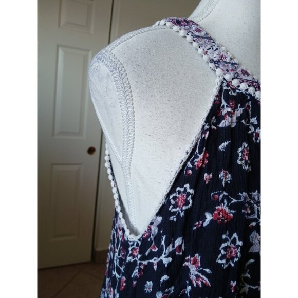 J. Gee Boho Floral Halter Dress Tunic M Navy Blue Embroidered Trim Sleeveless - Picture 4 of 13